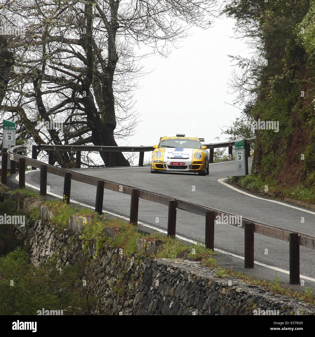 Une Porsche 911 concurrentes dans une spéciale dans les montagnes de Gran Canaria, au cours de l'El Corte Ingles, rallye 2014. Banque D'Images