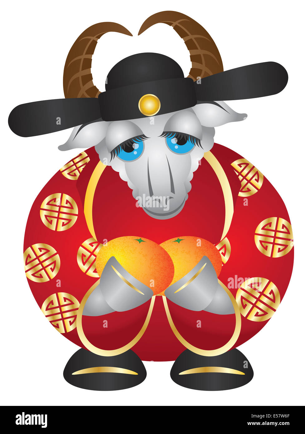 2015 Joyeux Nouvel An chinois de la chèvre de la prospérité de l'argent Dieu Holding Mandarines Illustration isolated on White Backg Banque D'Images