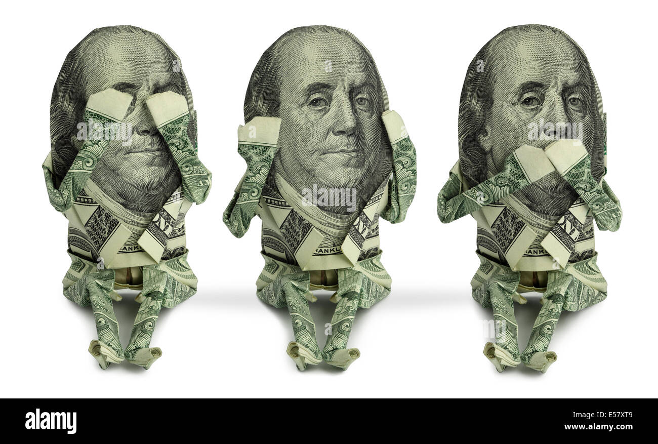 3 assis, origami de figures humaines faites à partir de la devise américaine sont posées dans le classic voir aucun mal, ne rien entendre, ne rien dire. Banque D'Images