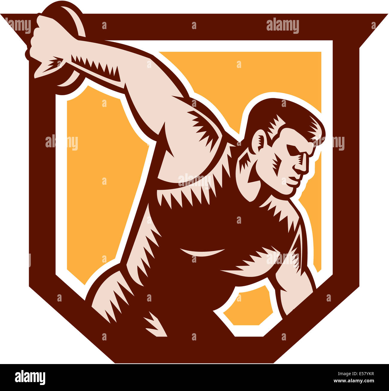 Illustration d'un lanceur de disque situé à l'intérieur de la crête du bouclier fait sur fond isolé dans woodcut style rétro. Banque D'Images