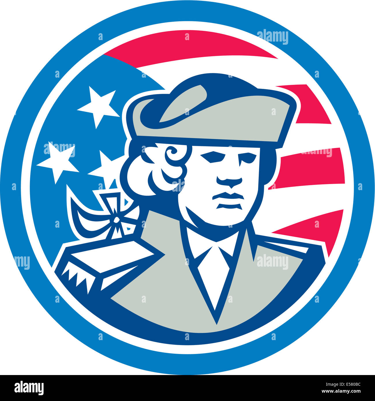 Illustration d'un patriote buste avec american stars and stripes flag en arrière-plan défini à l'intérieur du cercle fait en style rétro. Banque D'Images