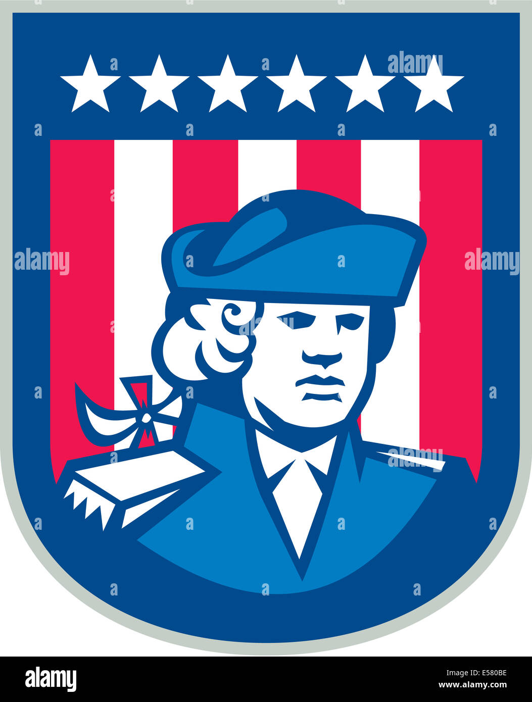 Illustration d'un patriote américain tête buste de face avec des étoiles et des rayures à l'arrière-plan défini à l'intérieur de shield fait en style rétro. Banque D'Images