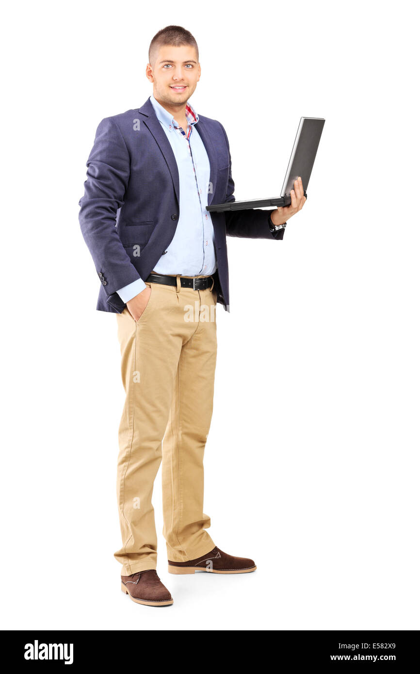 Portrait d'un homme tenant un ordinateur portable Banque D'Images