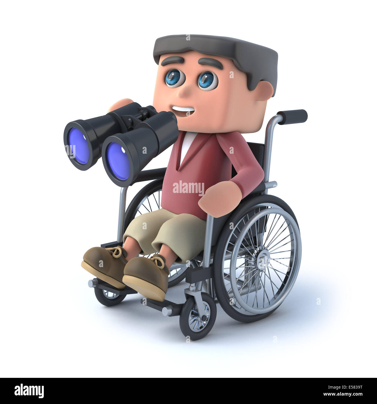 3D render of a kid en fauteuil roulant binoculars Banque D'Images