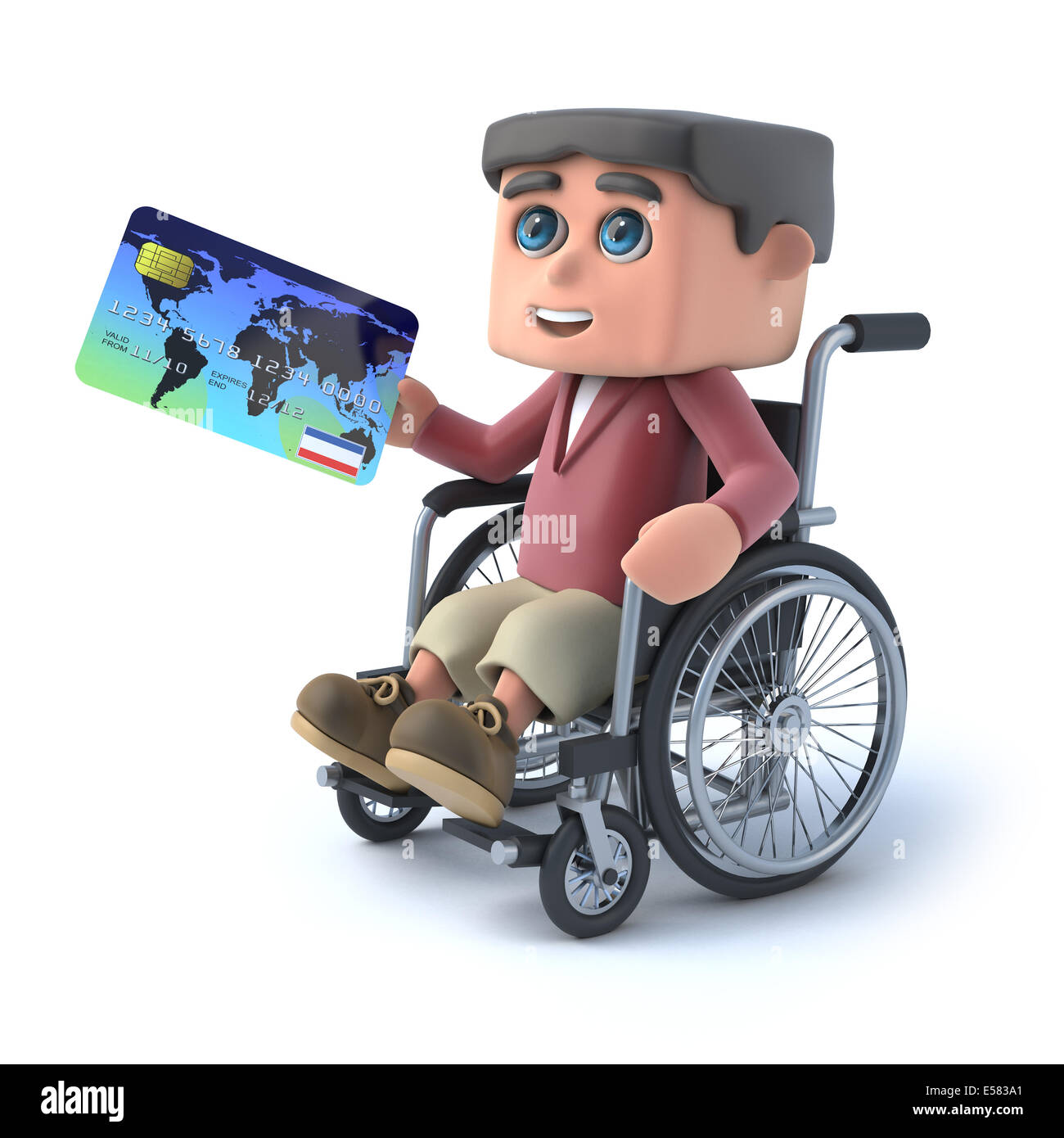 3D render d'un enfant dans un fauteuil roulant avec une carte de crédit Banque D'Images