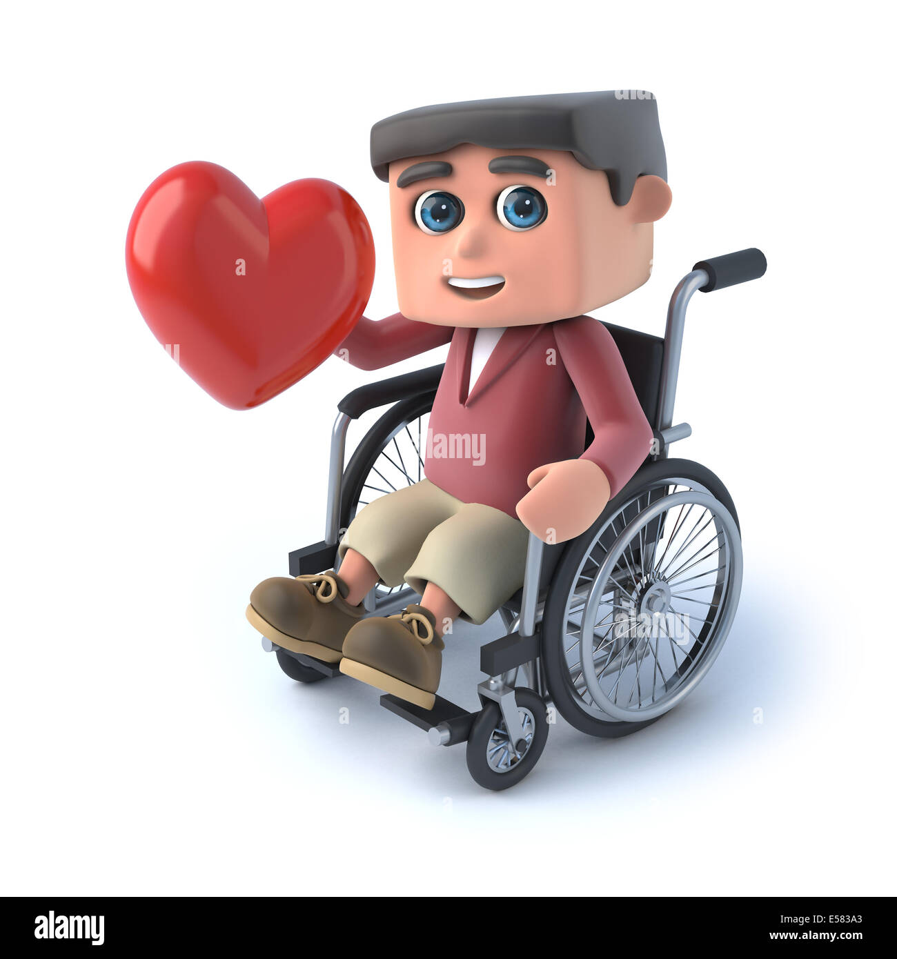 3D render of a kid en fauteuil roulant tenant un cœur rouge Banque D'Images