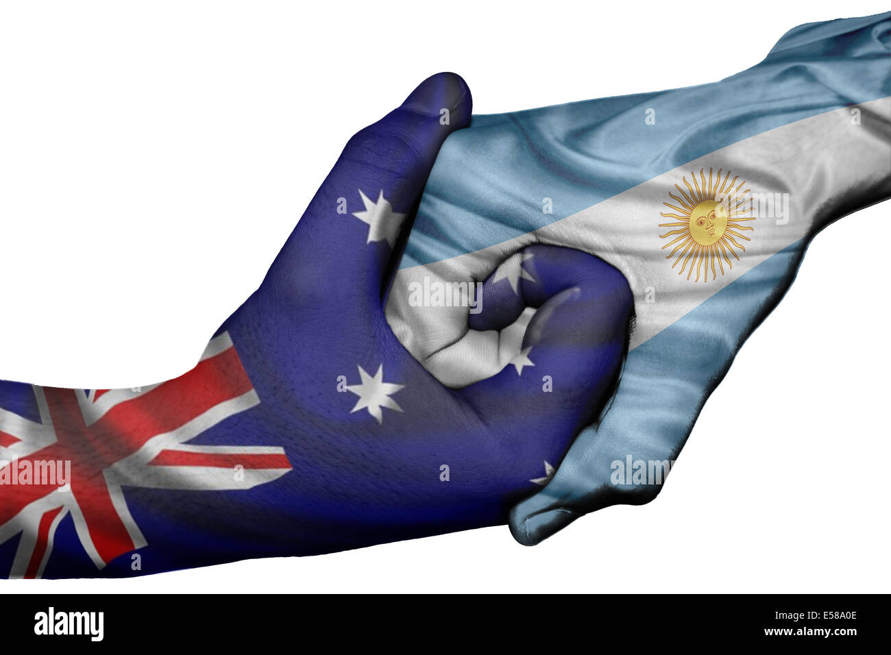 Poignée de main entre diplomatique Pays : drapeaux de l'Australie et l'Argentine surimprimées les deux mains Banque D'Images