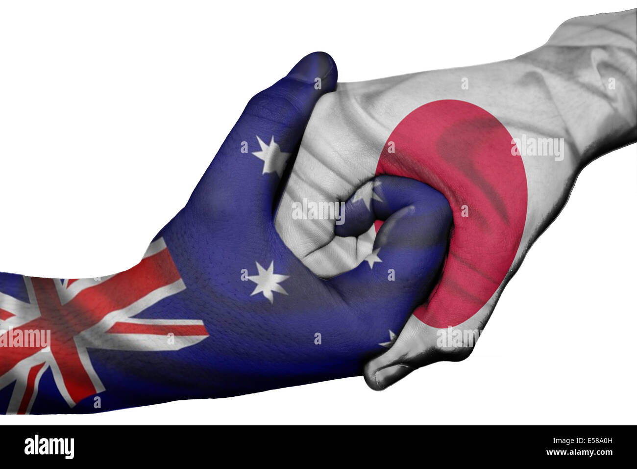 Poignée de main entre diplomatique Pays : drapeaux de l'Australie et le Japon surimprimées les deux mains Banque D'Images