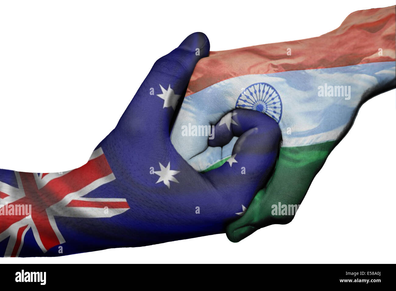 Poignée de main entre diplomatique Pays : drapeaux de l'Australie et l'Inde surimprimées les deux mains Banque D'Images