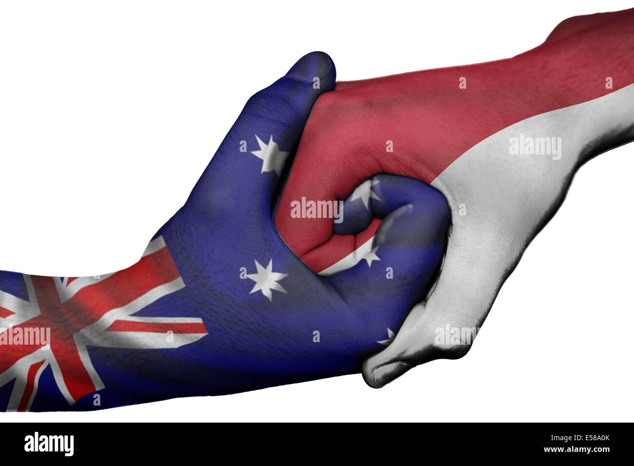 Poignée de main entre diplomatique Pays : drapeaux de l'Australie et l'Indonésie surimprimées les deux mains Banque D'Images
