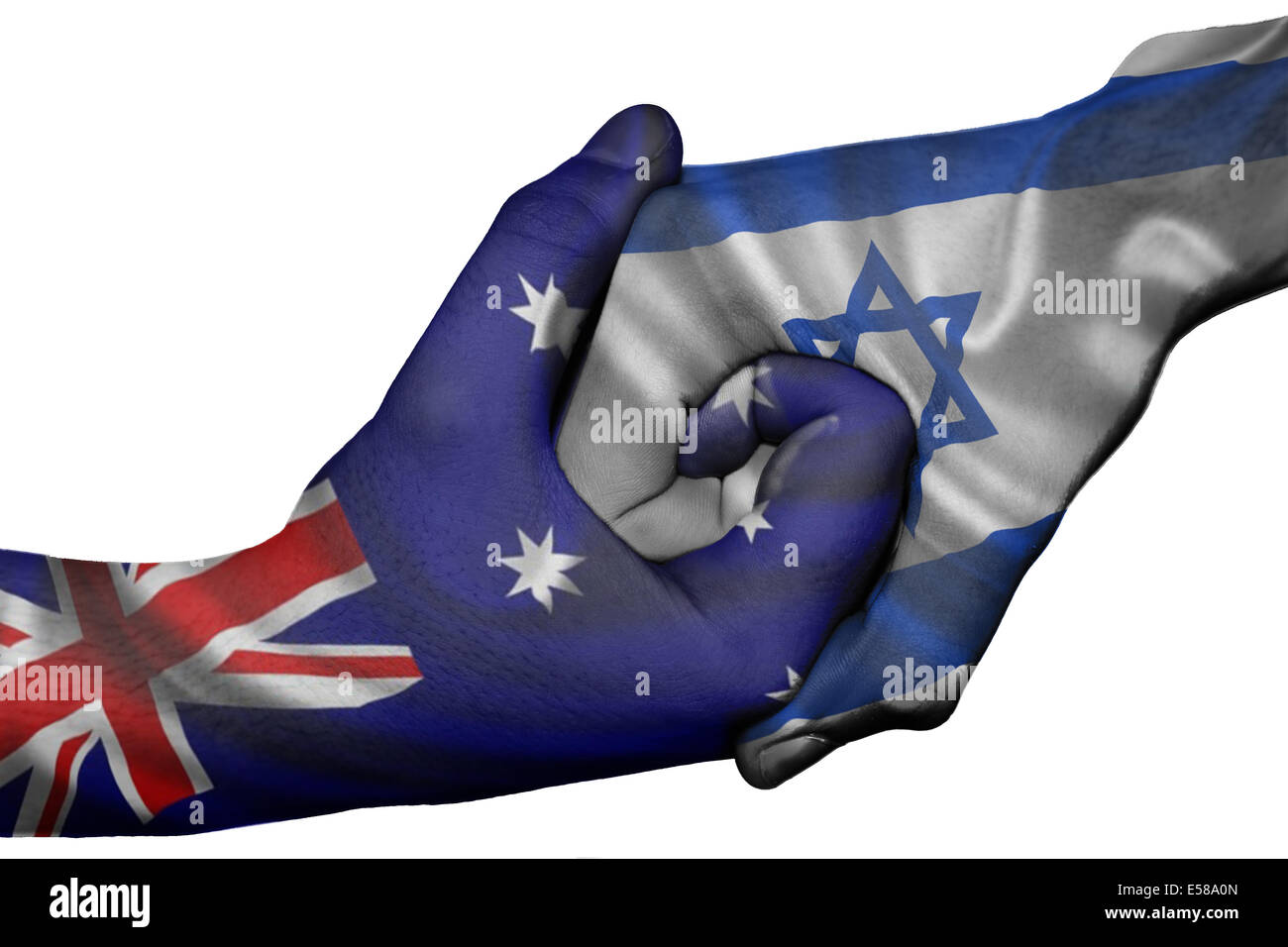 Poignée de main entre diplomatique Pays : drapeaux de l'Australie et Israël surimprimées les deux mains Banque D'Images