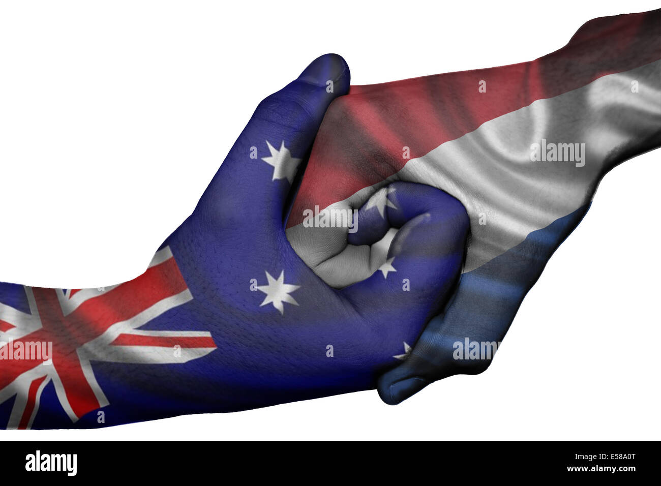 Poignée de main entre diplomatique Pays : drapeaux de l'Australie et les Pays-Bas surimprimées les deux mains Banque D'Images