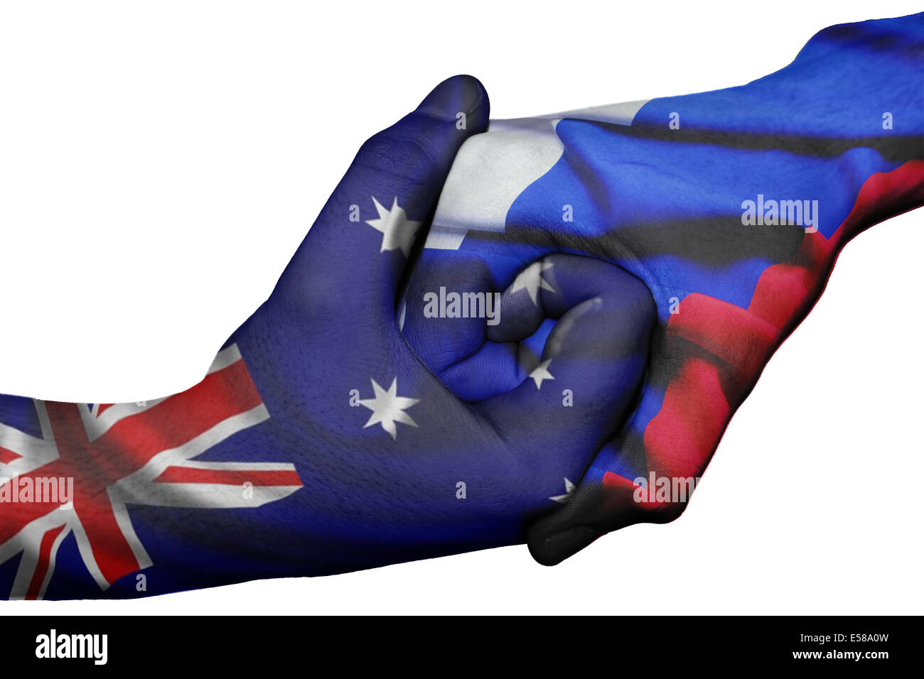 Poignée de main entre diplomatique Pays : drapeaux de l'Australie et la Russie surimprimées les deux mains Banque D'Images