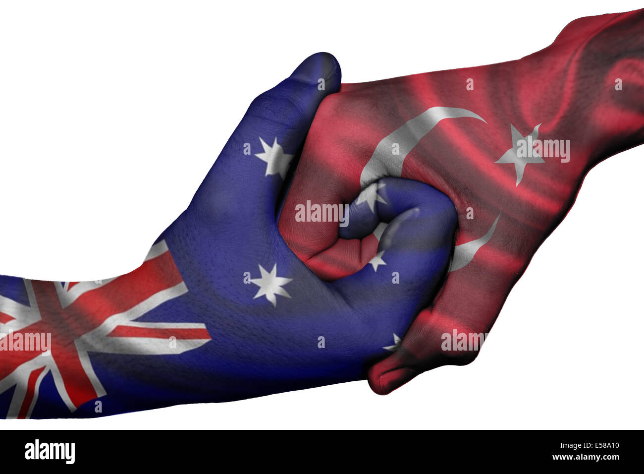 Poignée de main entre diplomatique Pays : drapeaux de l'Australie et la Turquie surimprimées les deux mains Banque D'Images