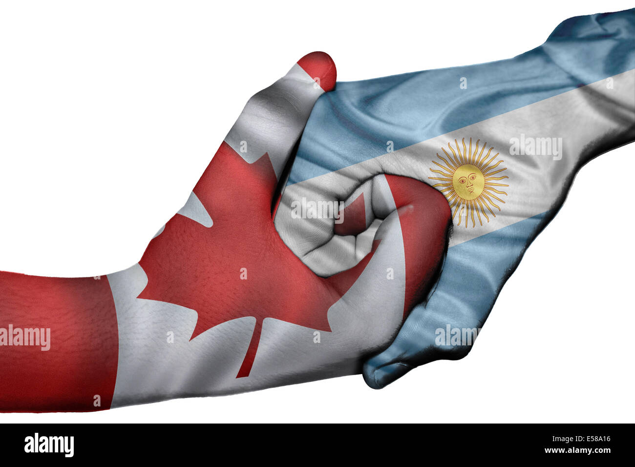 Poignée de main entre diplomatique Pays : drapeaux du Canada et l'Argentine surimprimées les deux mains Banque D'Images