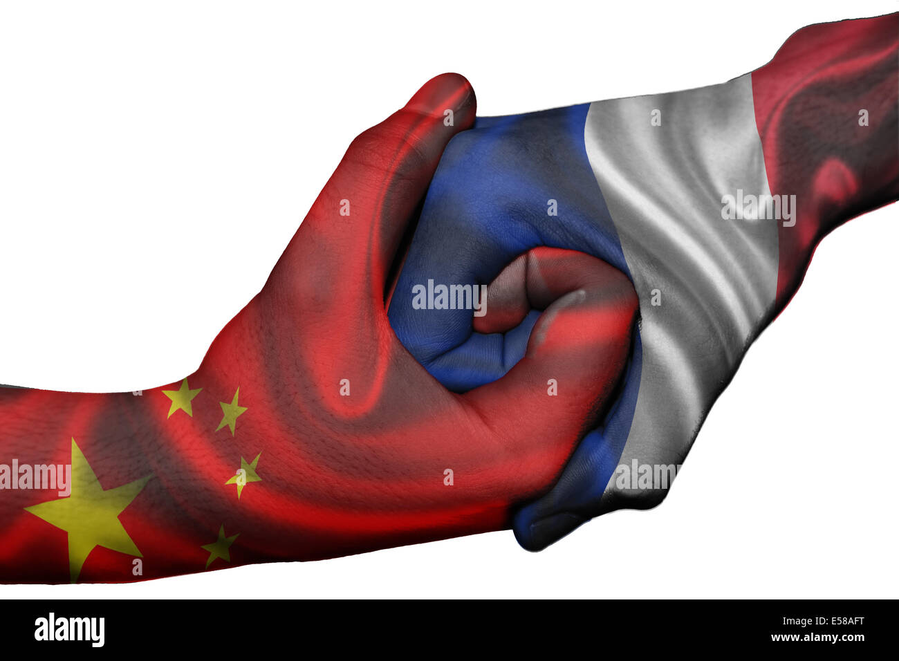 Poignée de main entre diplomatique Pays : drapeaux de Chine et France surimprimées les deux mains Banque D'Images