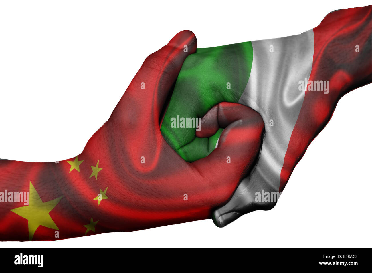 Poignée de main entre diplomatique Pays : drapeaux de Chine et l'Italie une surimpression les deux mains Banque D'Images