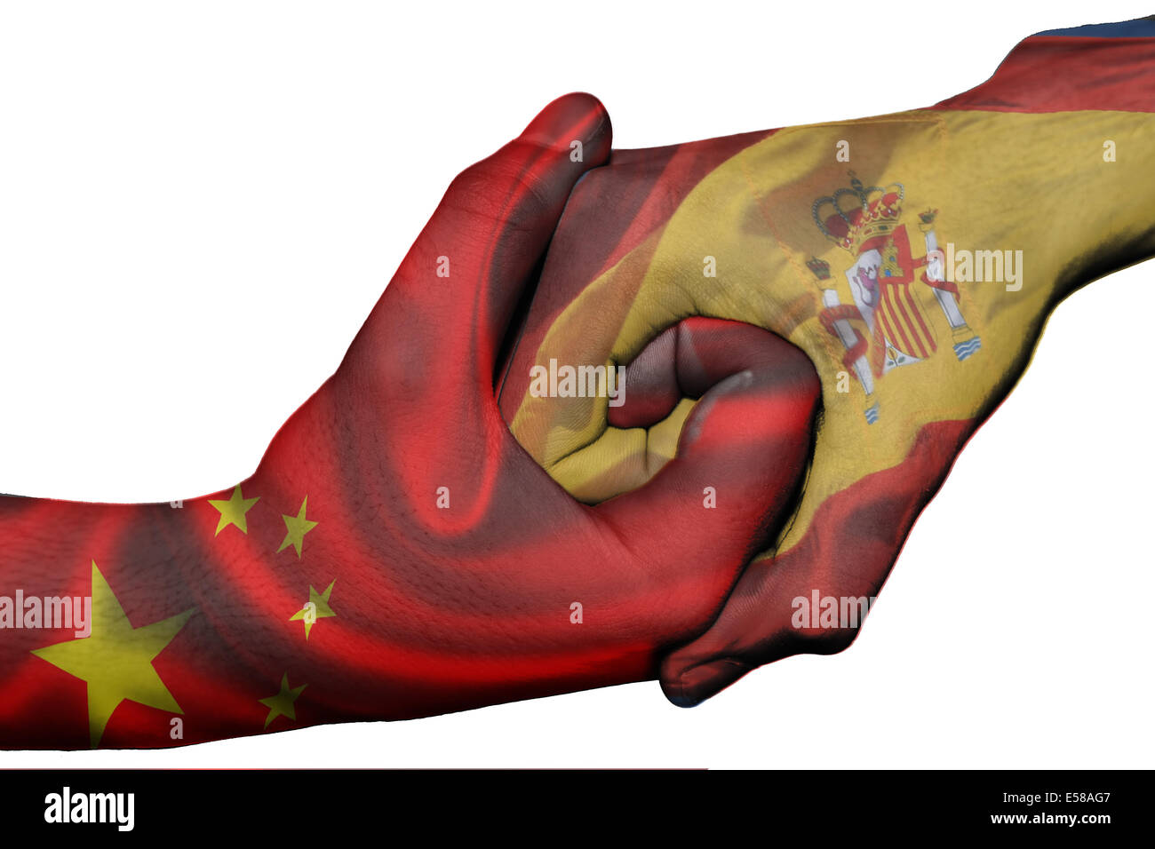 Poignée de main entre diplomatique Pays : Pavillon de la Chine et de l'Espagne une surimpression les deux mains Banque D'Images
