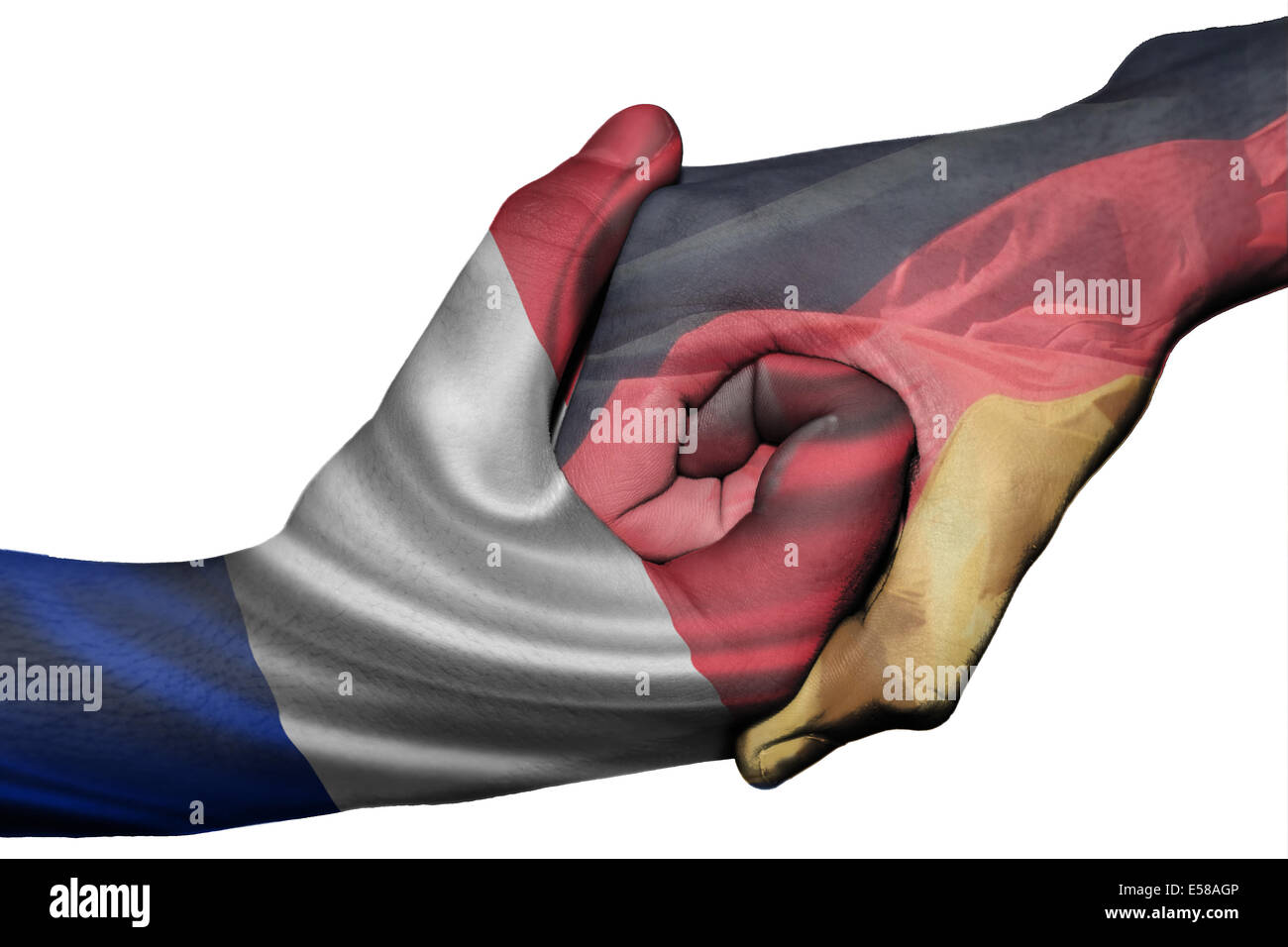 Poignée de main entre diplomatique Pays : drapeaux de la France et l'Allemagne surimprimées les deux mains Banque D'Images