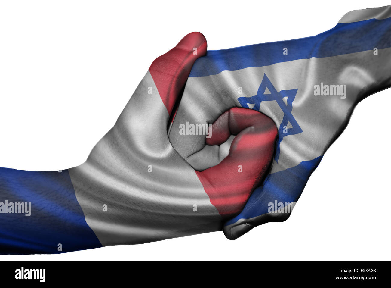 Poignée de main entre diplomatique Pays : drapeaux de la France et Israël surimprimées les deux mains Banque D'Images