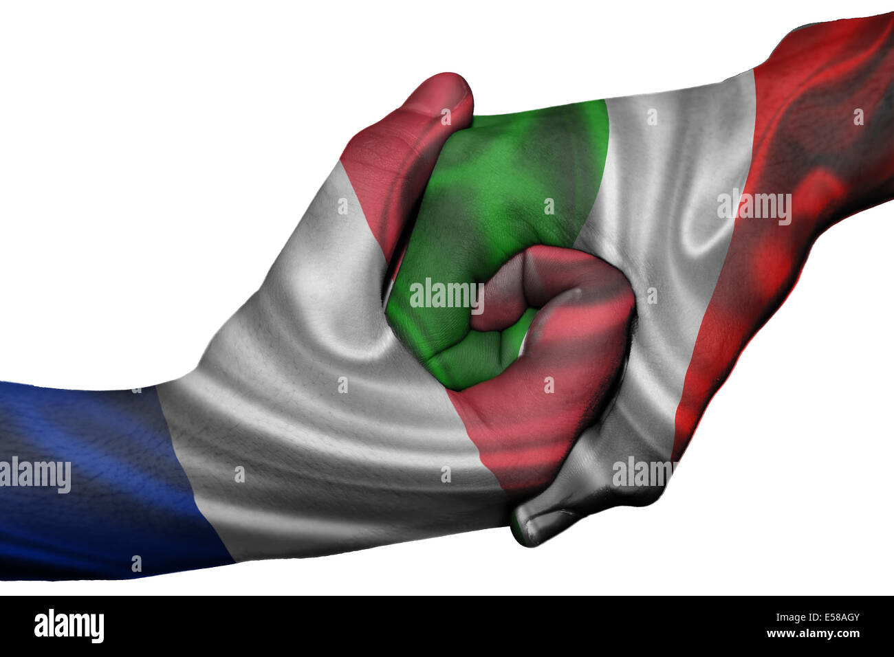 Poignée de main entre diplomatique Pays : drapeaux de la France et l'Italie une surimpression les deux mains Banque D'Images