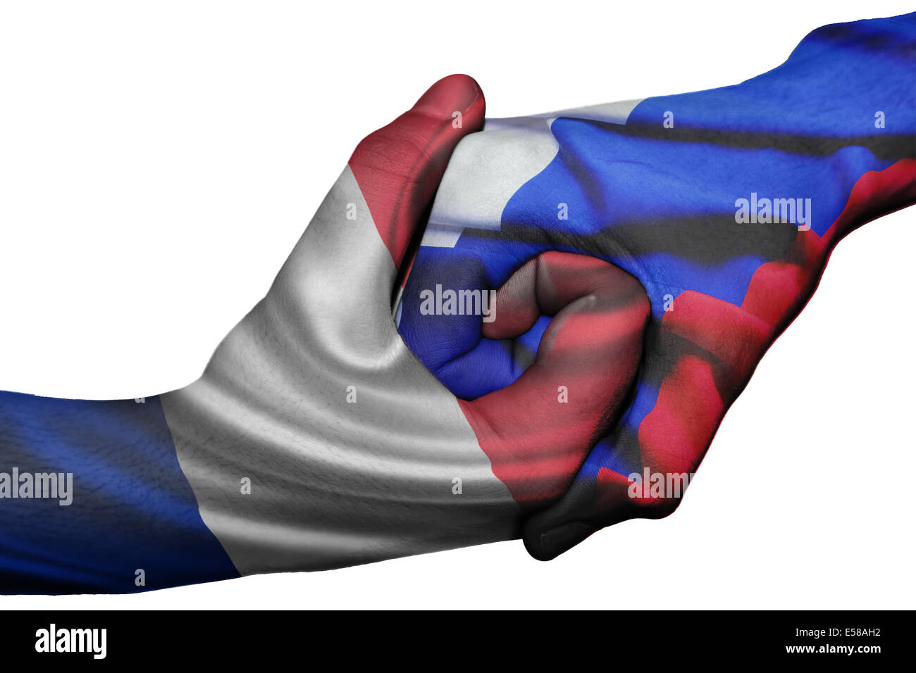 Poignée de main entre diplomatique Pays : drapeaux de la France et la Russie surimprimées les deux mains Banque D'Images