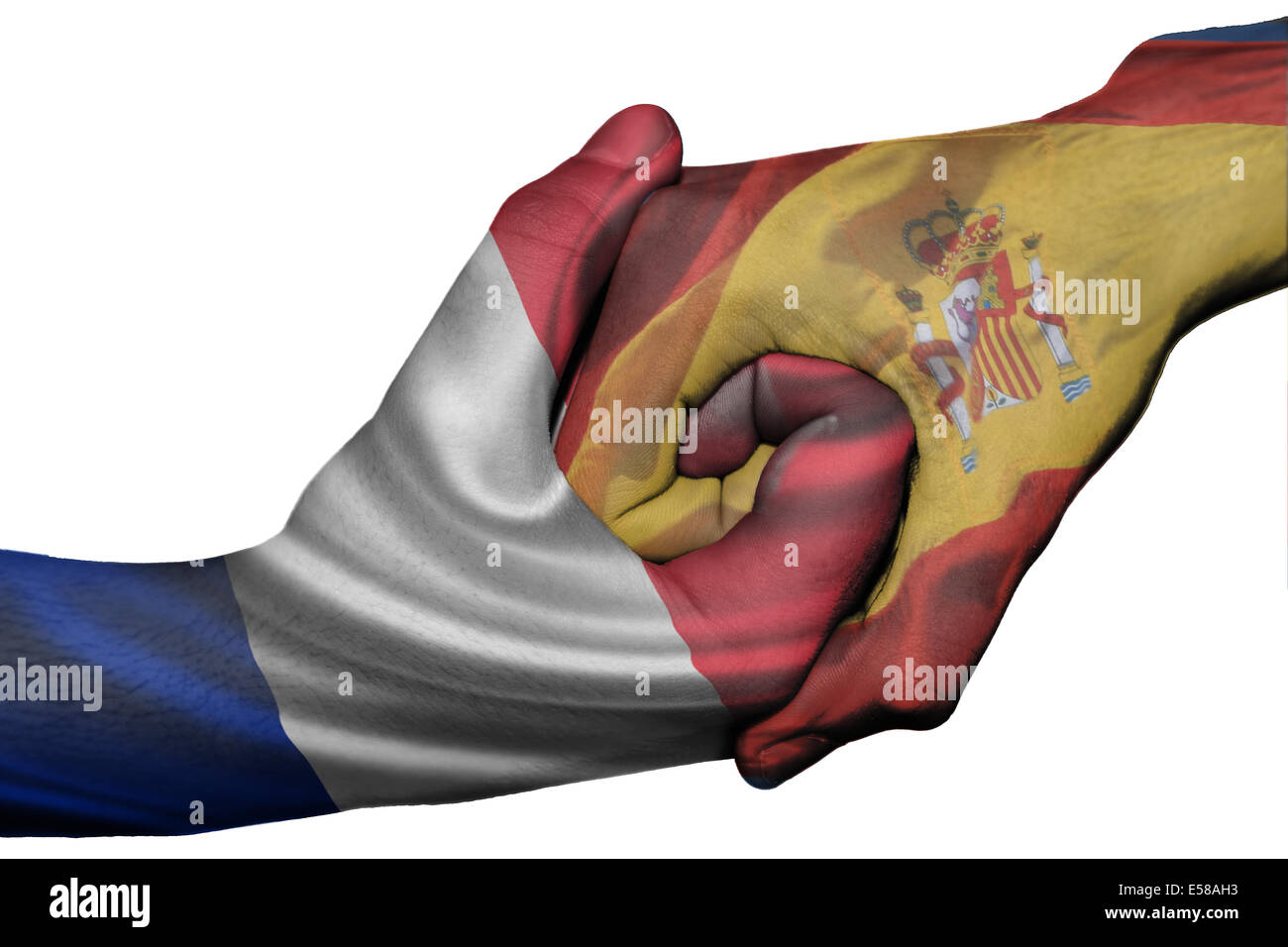 Poignée de main entre diplomatique Pays : drapeaux de la France et l'Espagne une surimpression les deux mains Banque D'Images