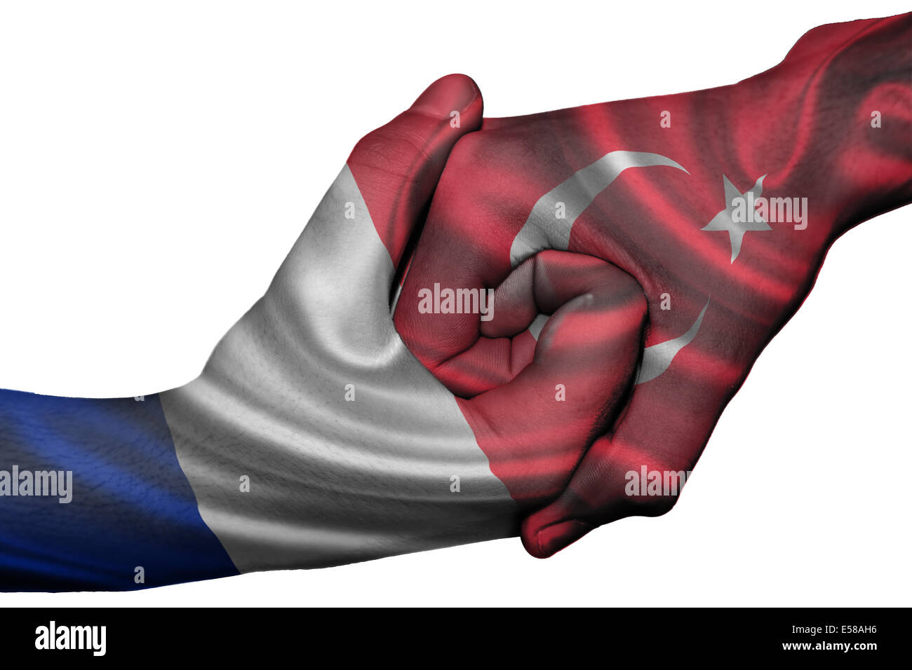 Poignée de main entre diplomatique Pays : drapeaux de la France et la Turquie surimprimées les deux mains Banque D'Images