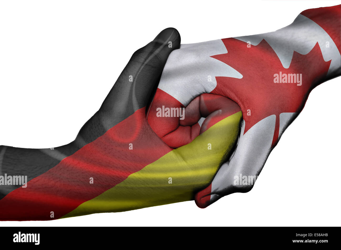 Poignée de main entre diplomatique Pays : drapeaux de l'Allemagne et le Canada surimprimées les deux mains Banque D'Images