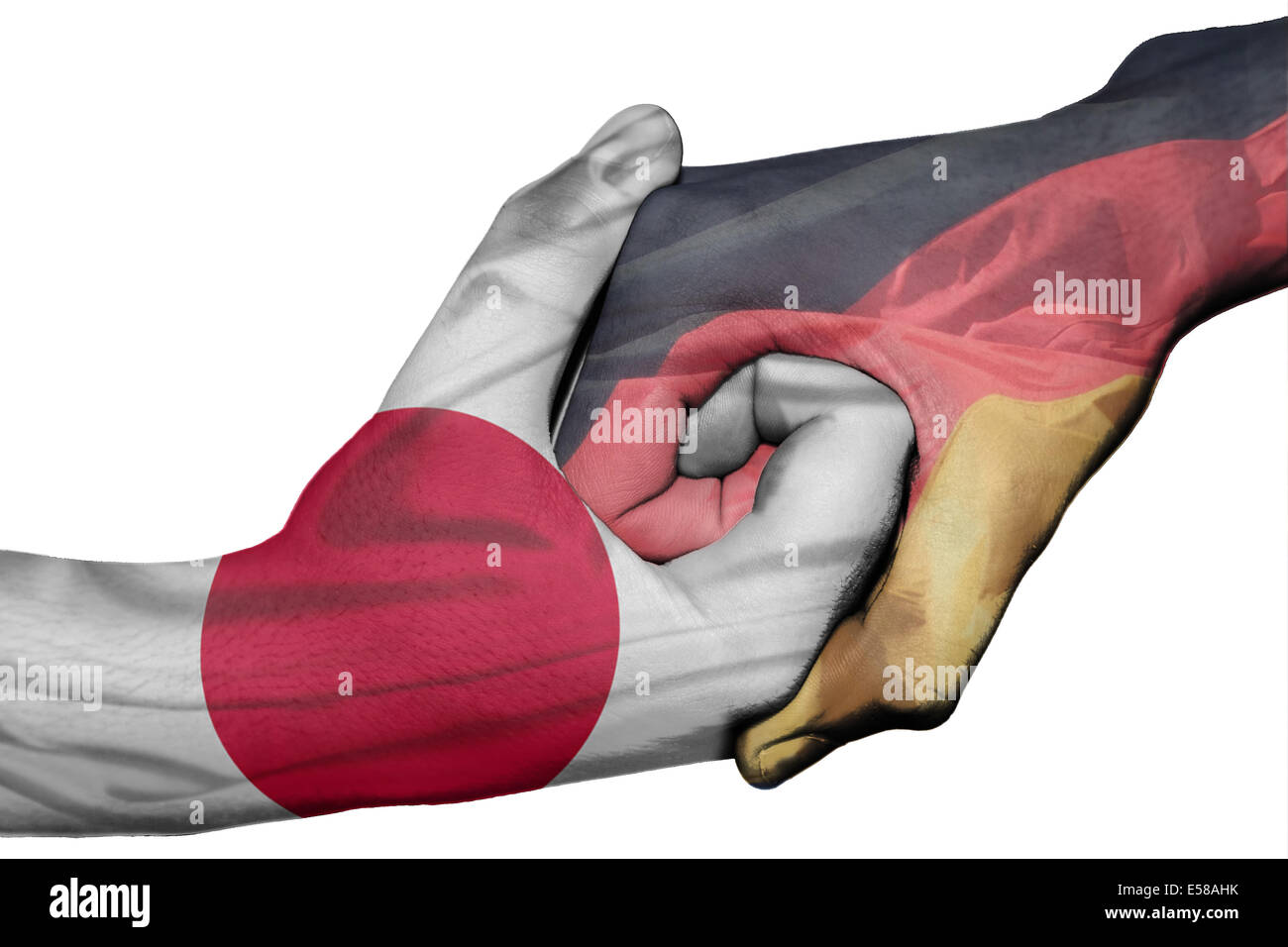 Poignée de main entre diplomatique Pays : drapeaux du Japon et l'Allemagne surimprimées les deux mains Banque D'Images