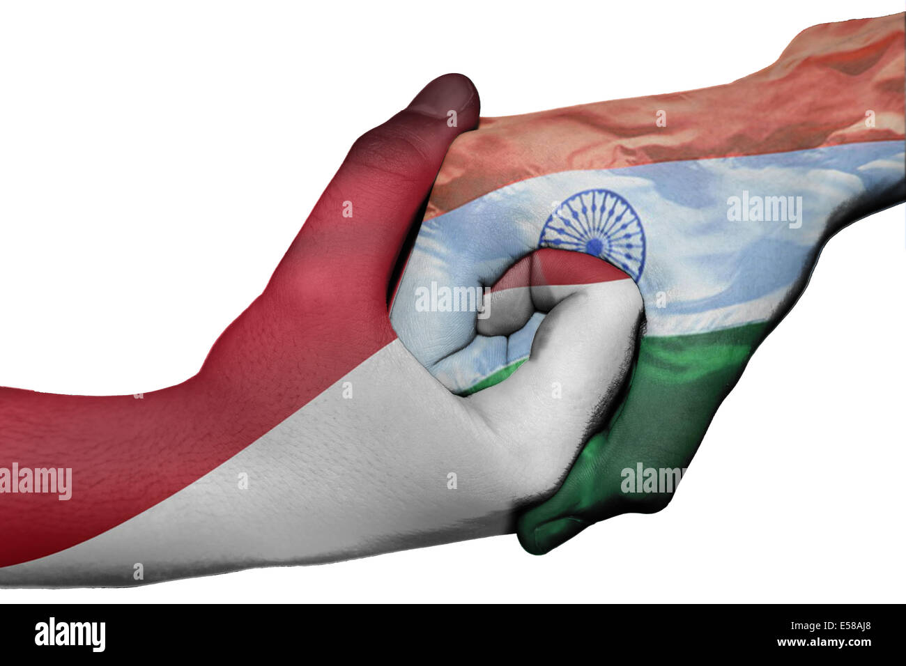 Poignée de main entre diplomatique Pays : drapeaux de l'Indonésie et l'Inde surimprimées les deux mains Banque D'Images