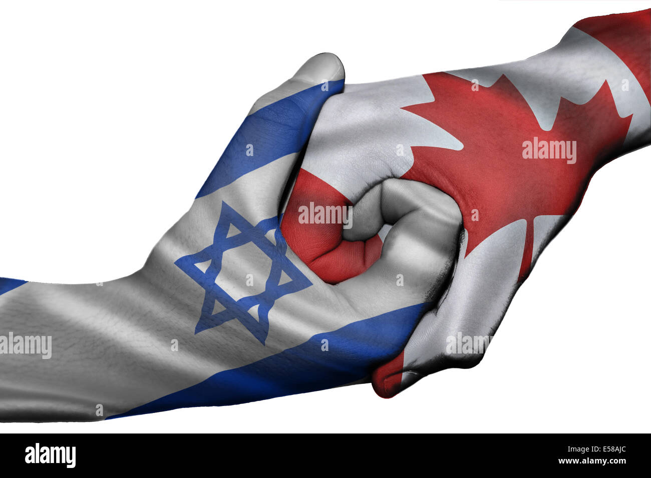Poignée de main entre diplomatique Pays : drapeaux d'Israël et du Canada surimprimées les deux mains Banque D'Images