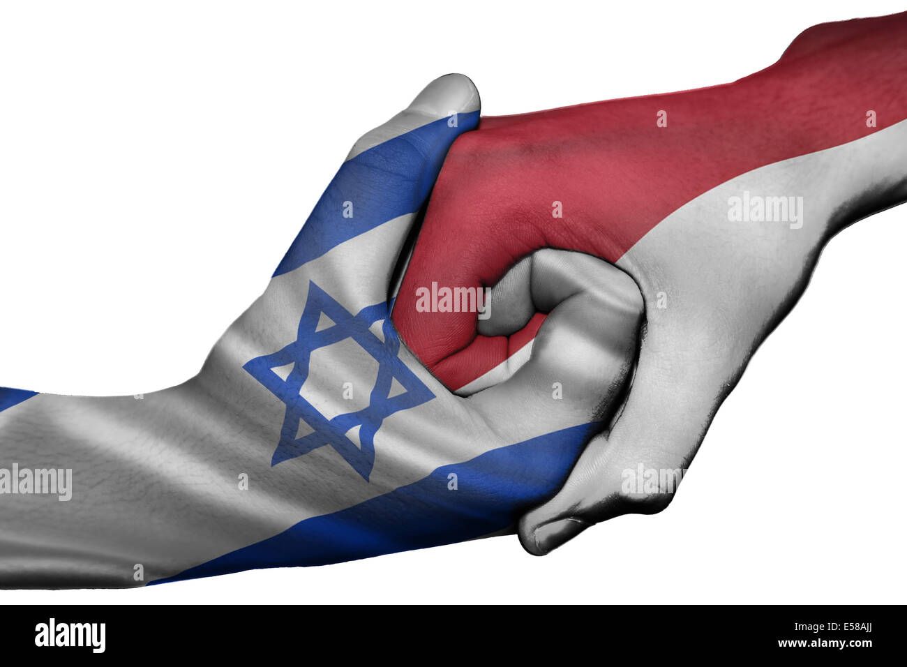 Poignée de main entre diplomatique Pays : drapeaux d'Israël et de l'Indonésie surimprimées les deux mains Banque D'Images