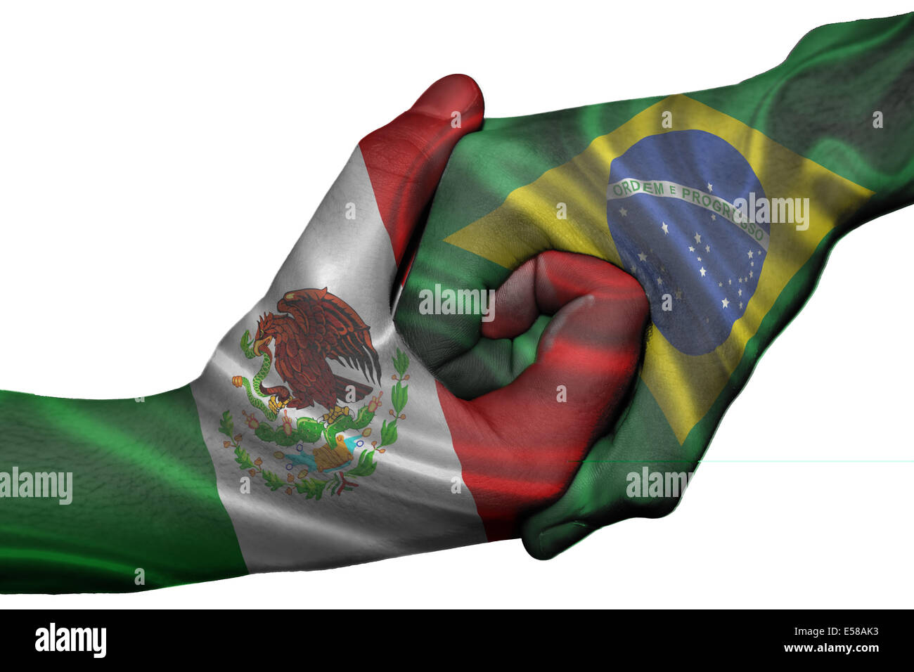 Poignée de main entre diplomatique Pays : Drapeaux du Mexique et Brésil surimprimées les deux mains Banque D'Images