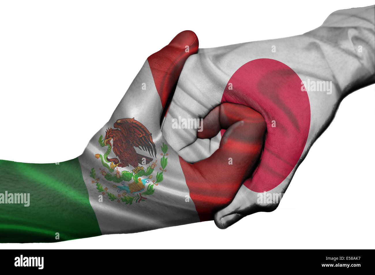 Poignée de main entre diplomatique Pays : Drapeaux du Mexique et du Japon surimprimées les deux mains Banque D'Images