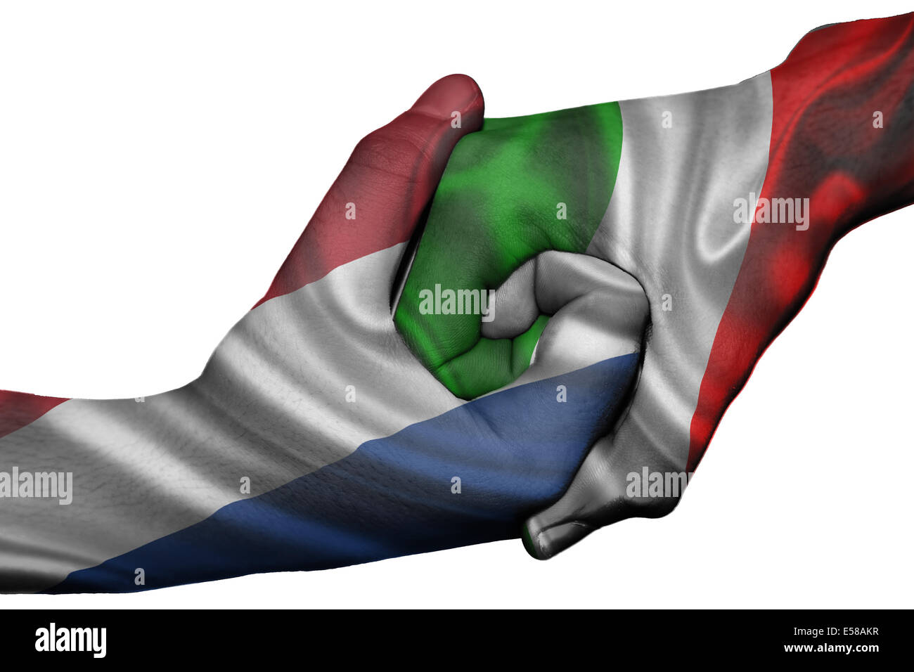 Poignée de main entre diplomatique Pays : drapeaux des Pays-Bas et Italie surimprimées les deux mains Banque D'Images