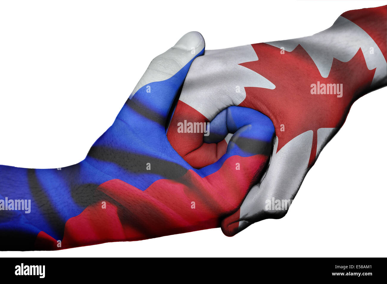Poignée de main entre diplomatique Pays : drapeaux de la Russie et du Canada surimprimées les deux mains Banque D'Images