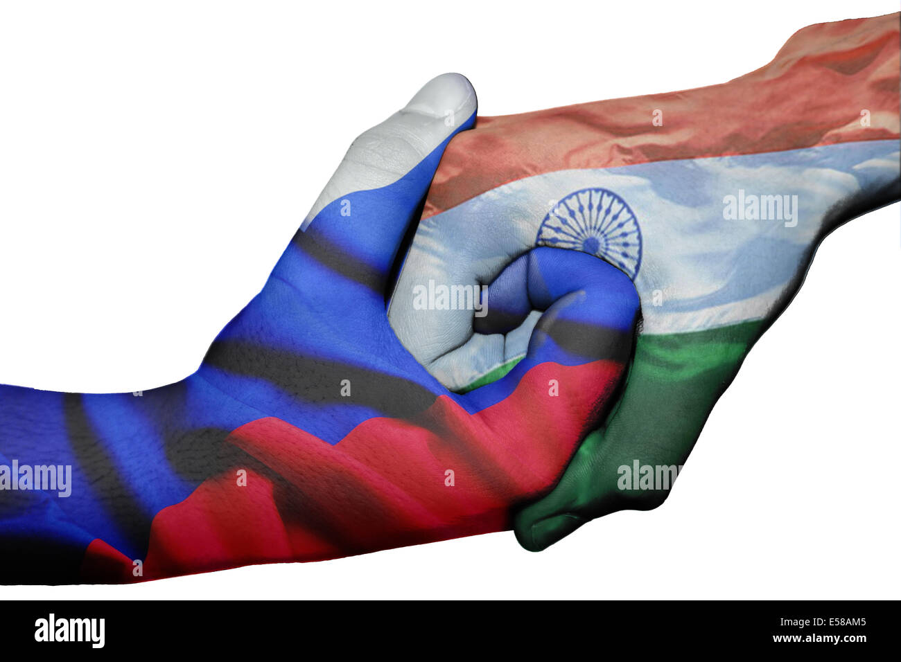 Poignée de main entre diplomatique Pays : drapeaux de la Russie et l'Inde surimprimées les deux mains Banque D'Images