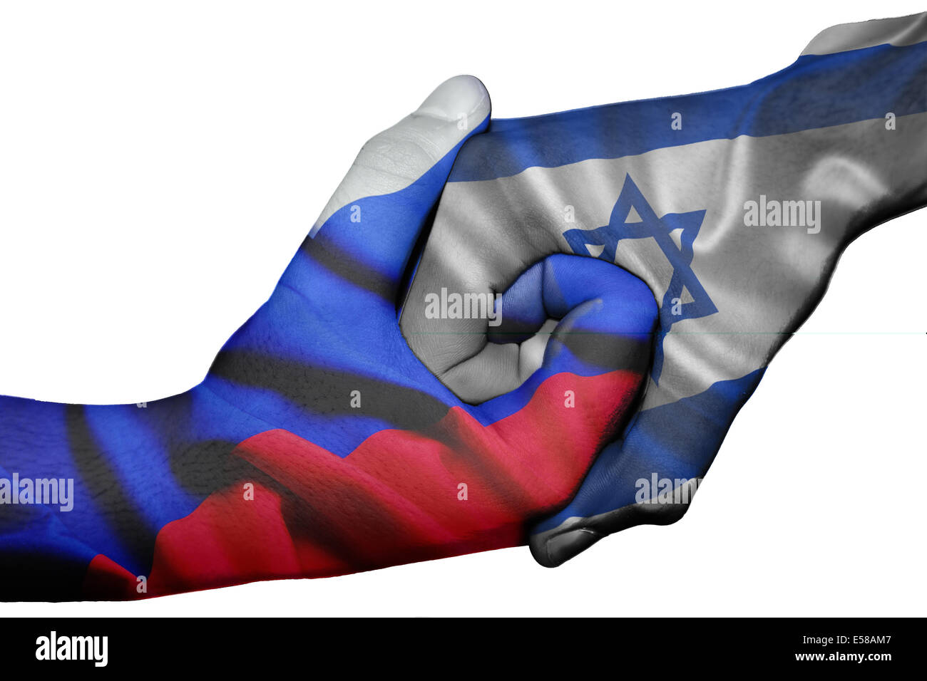 Poignée de main entre diplomatique Pays : drapeaux de la Russie et Israël surimprimées les deux mains Banque D'Images