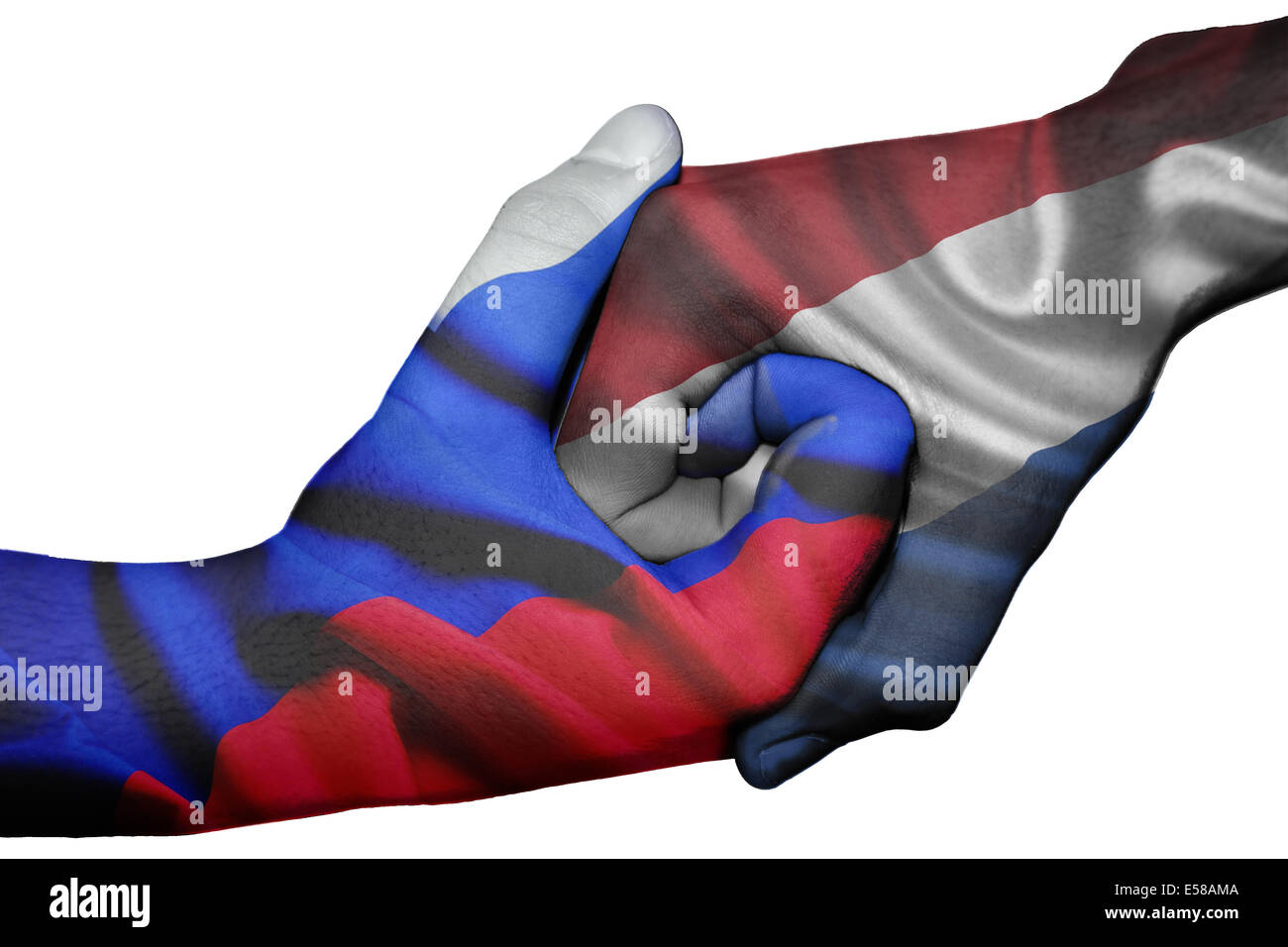 Poignée de main entre diplomatique Pays : drapeaux de la Russie et Pays-bas surimprimées les deux mains Banque D'Images