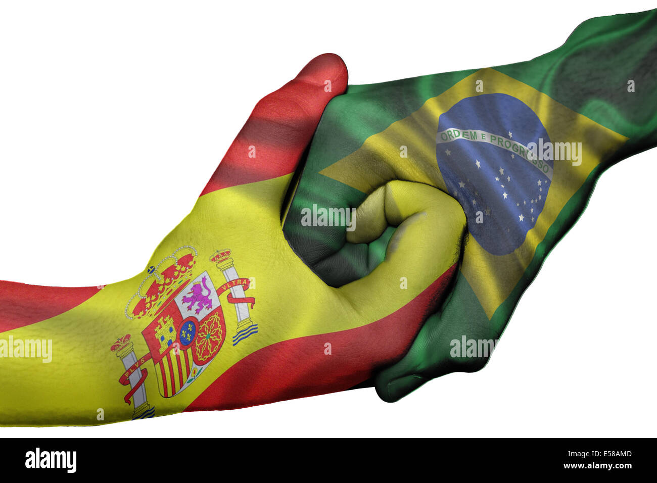 Poignée de main entre diplomatique Pays : Pavillon de l'Espagne et le Brésil surimprimées les deux mains Banque D'Images