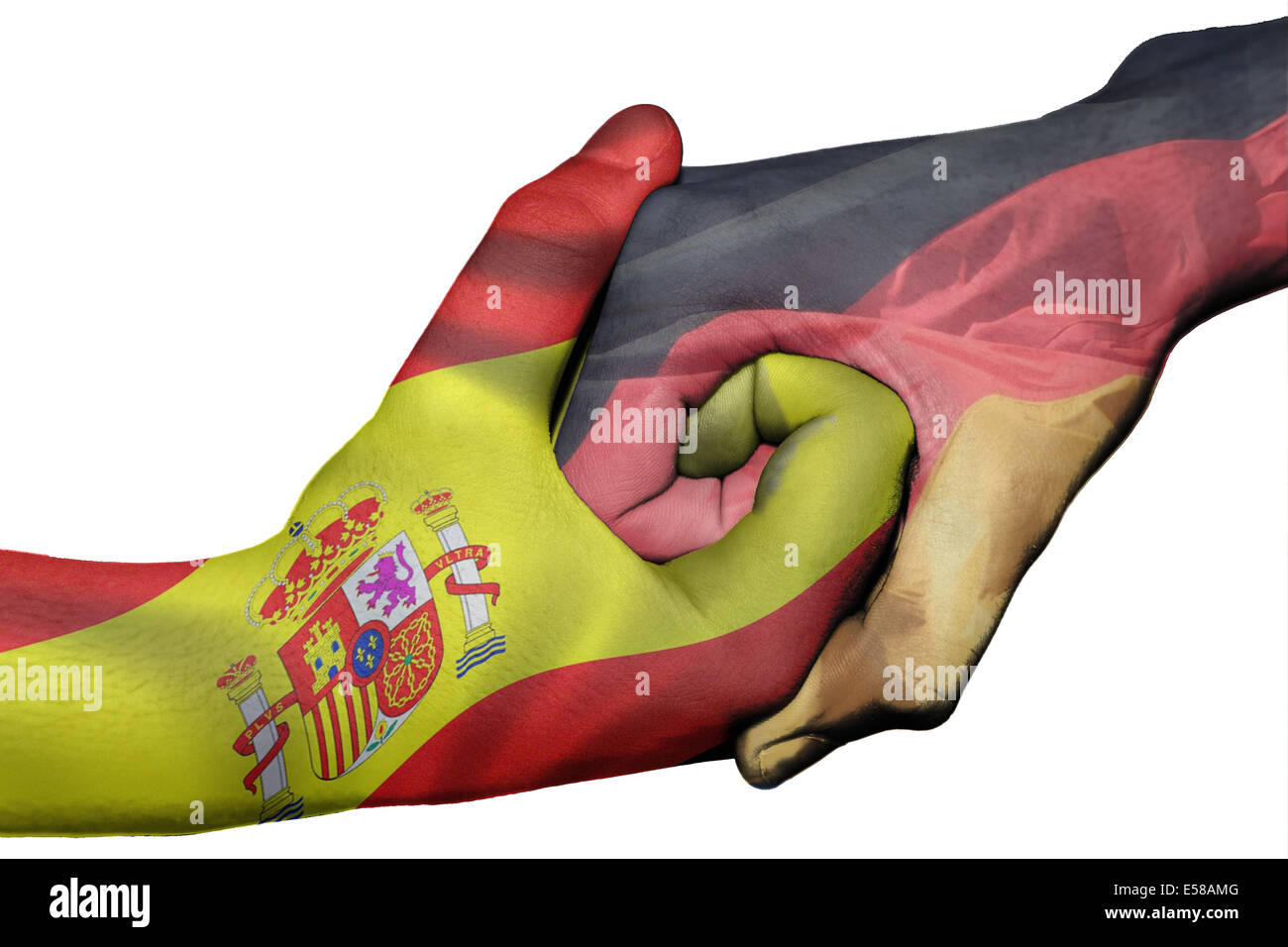 Poignée de main entre diplomatique Pays : Pavillon de l'Espagne et l'Allemagne, la surimpression deux mains Banque D'Images