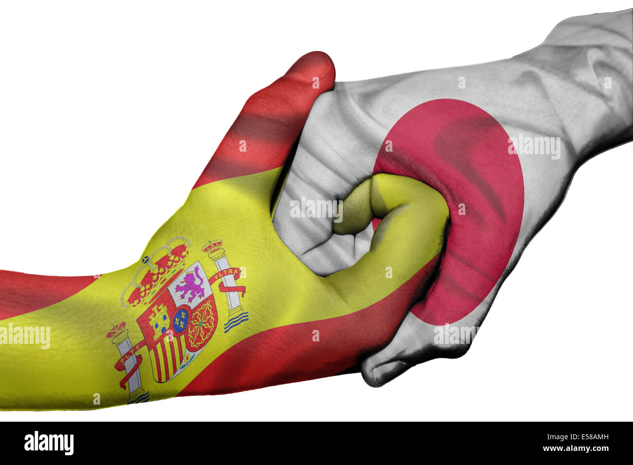 Poignée de main entre diplomatique Pays : Pavillon de l'Espagne et le Japon surimprimées les deux mains Banque D'Images