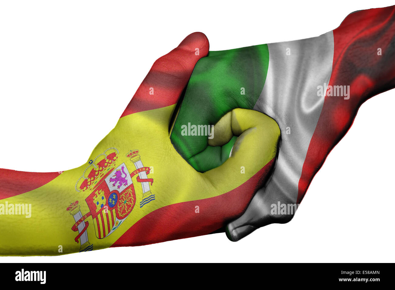 Poignée de main entre diplomatique Pays : Pavillon de l'Espagne et l'Italie une surimpression les deux mains Banque D'Images