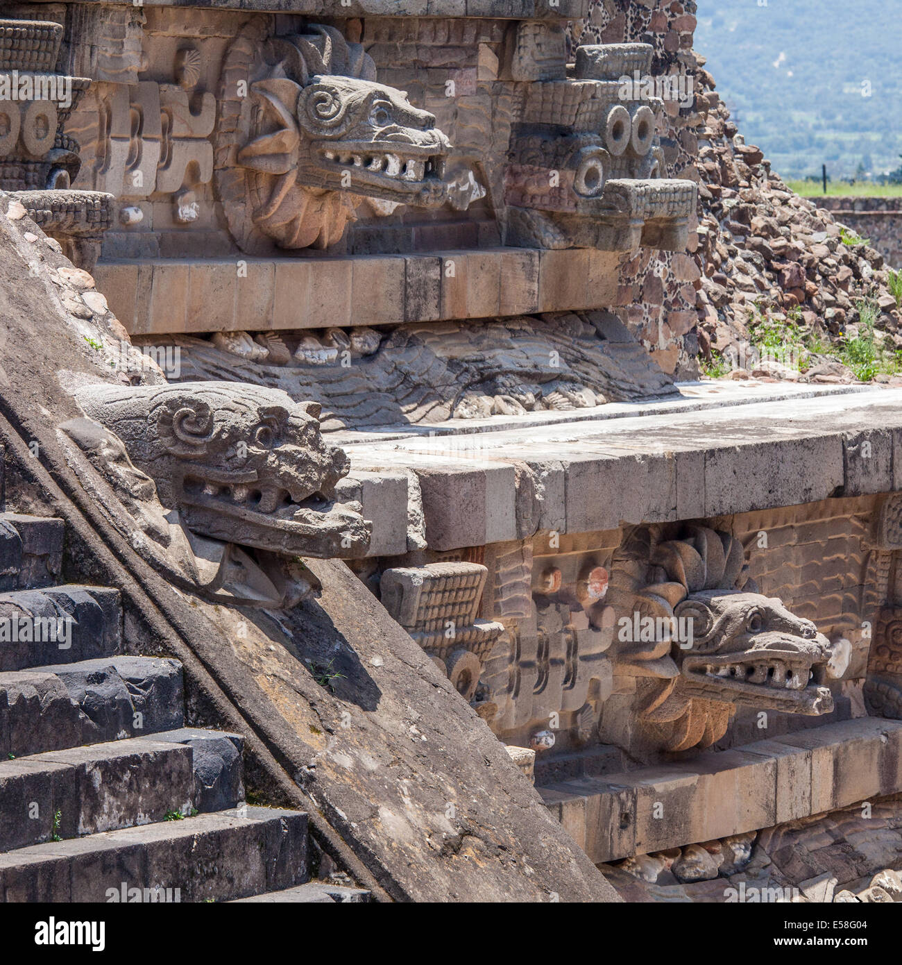 Têtes de serpent sur le Temple de Quetzalcoatl à Teotihuacan, au Mexique. Banque D'Images