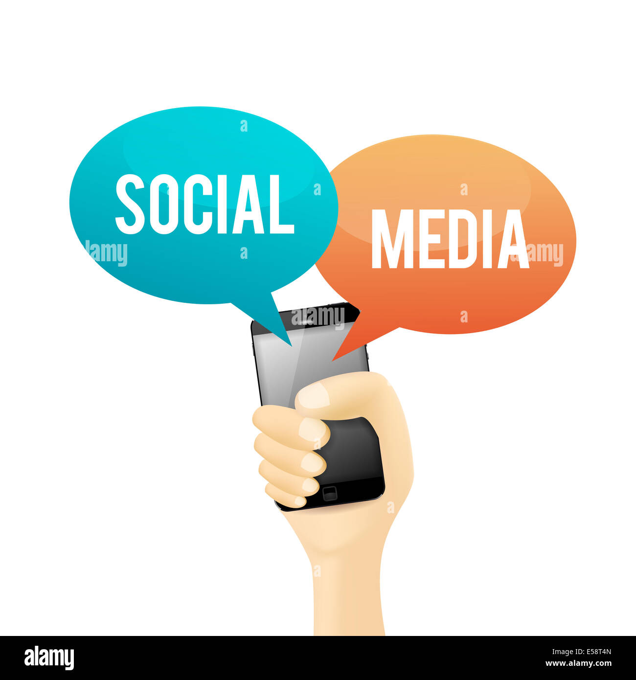 Vector illustration d'une main tenant un téléphone avec les médias sociaux talk bubble. Banque D'Images