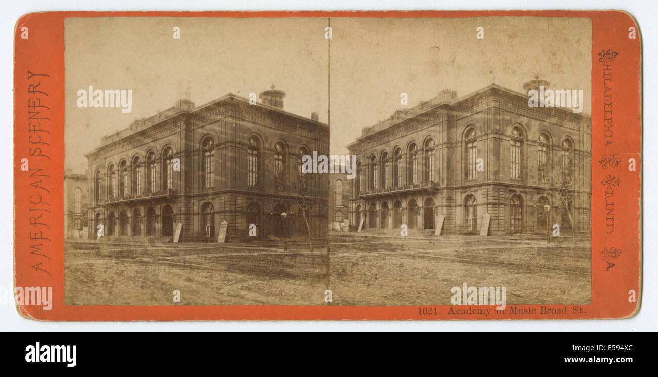 Stéréographe montrant l'Académie de musique sur Broad Street à Philadelphie, avec son architecture et sa scène de rue, avec les artistes Gustav Runge et Napoléon Lebrun qui contribuent à sa conception. Banque D'Images