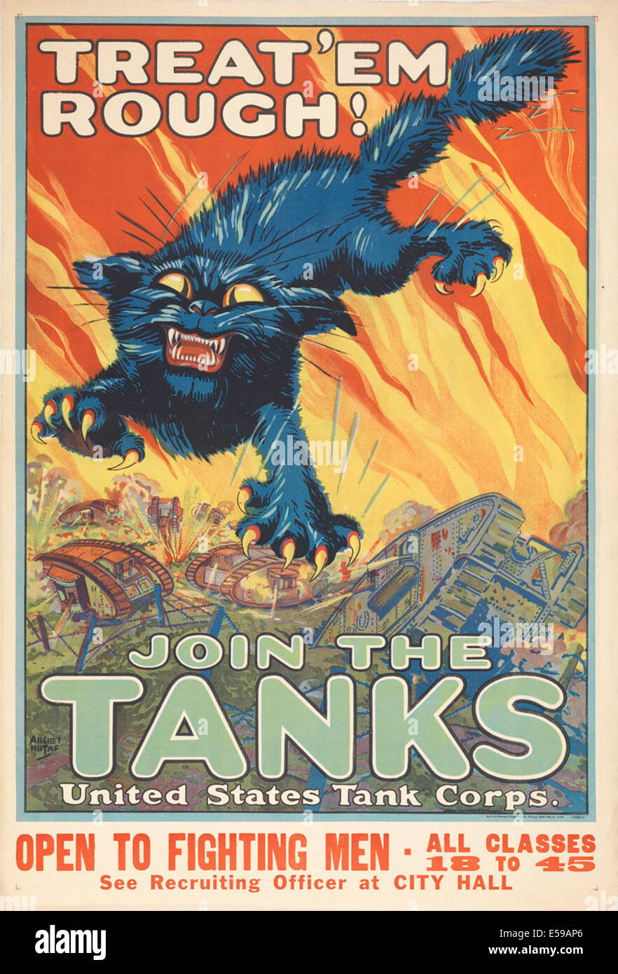 Une affiche de recrutement de l'US Tank corps datant de la première Guerre mondiale par August Hutaf, avec le slogan « Treat 'em Rough » avec un motif chat noir. Banque D'Images