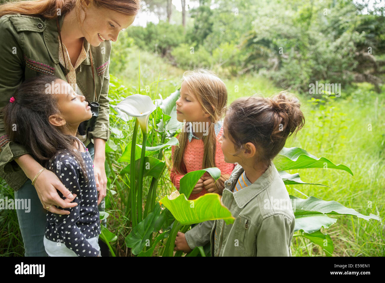 Les élèves et l'enseignant examinent les plantes en plein air Banque D'Images