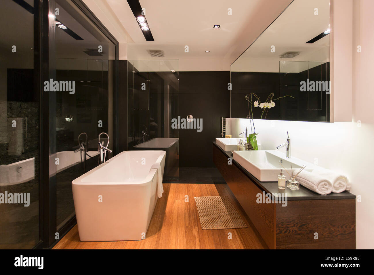 Baignoire et vasque dans une salle de bains moderne Banque D'Images